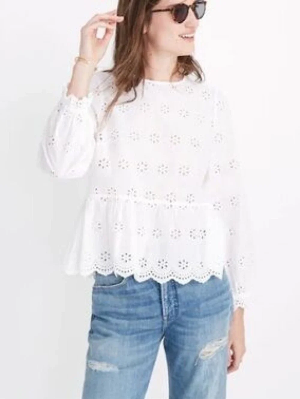Madewell Top Womens XS Embroidered Puff Sleeve Eyelet Cream Peplum Coquette Lace
